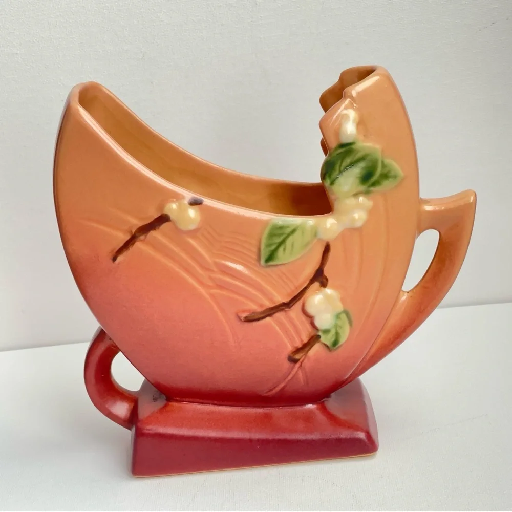 Roseville Snowberry Fan Vase Pink Burgundy Art Pottery Mid Century - Picture 5 of 16